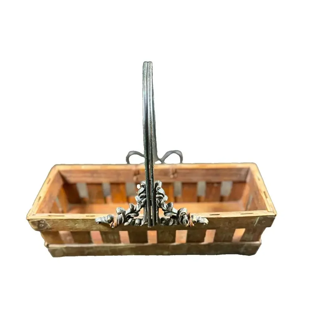 Rustic Wood Slat Basket Wrought Iron Handle Brass Corners Tabletop Decor
